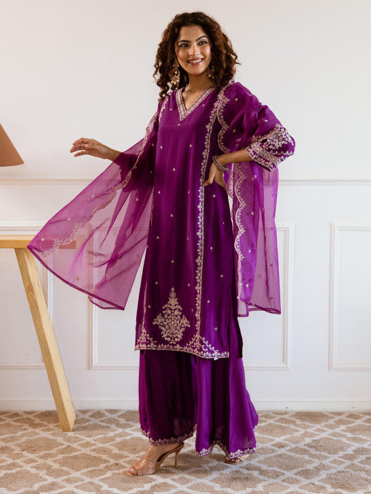 Ishin Women Embroidered V-Neck Kurta with Palazzos & Dupatta