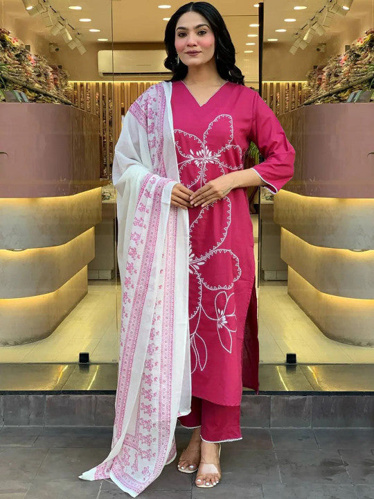 ATOXIC Women Floral Printed Regular Chanderi Cotton Kurta with Trousers & With Dupatta