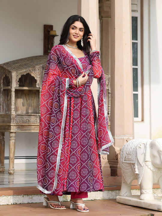 ASHEERA Women Bandhani Printed Angrakha Gotta Patti Kurta with Trousers & With Dupatta