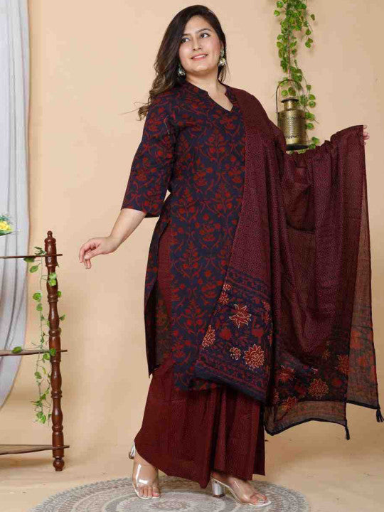 Doriyaan Plus Size Floral Printed Mandarin Collar Straight Pure Cotton Kurta With Sharara