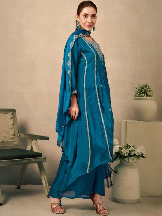 Teal Thread Embroidered Viscose Chinon A-Line Salwar Suit