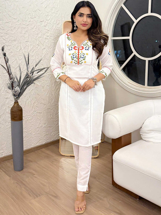 Aardiva Floral Yoke Design Thread Work V-Neck Cotton Straight Kurta With Trousers