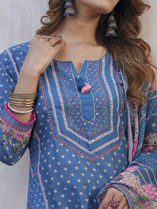 Floral Printed Straight Kurta With Palazzos & Dupatta