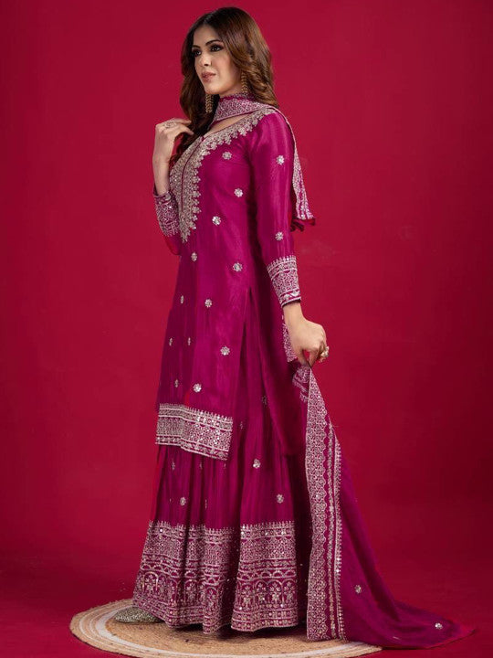 FVD Women Ethnic Motifs Embroidered Tiered Mirror Work Kurta & Sharar With Dupatta