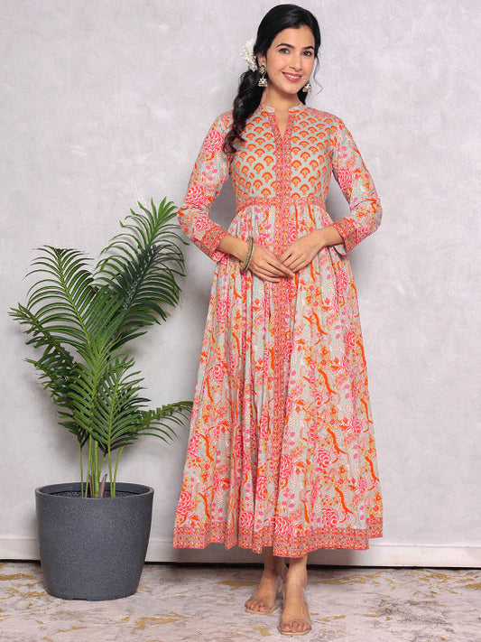 GULAB CHAND TRENDS Women Cotton Floral Printed Fit & Flared Maxi Ethnic Dress