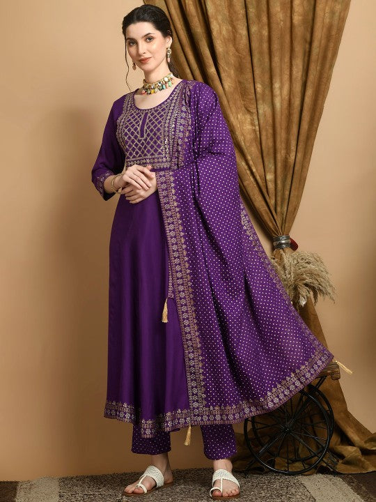 Bhoolft Ethnic Motifs Embroidered Round Neck Sequinned A-Line Kurta With Trouser & Dupatta