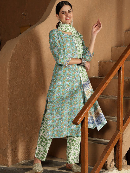 Taavi Women Floral Hand Block Print Kurta with Trousers & Dupatta