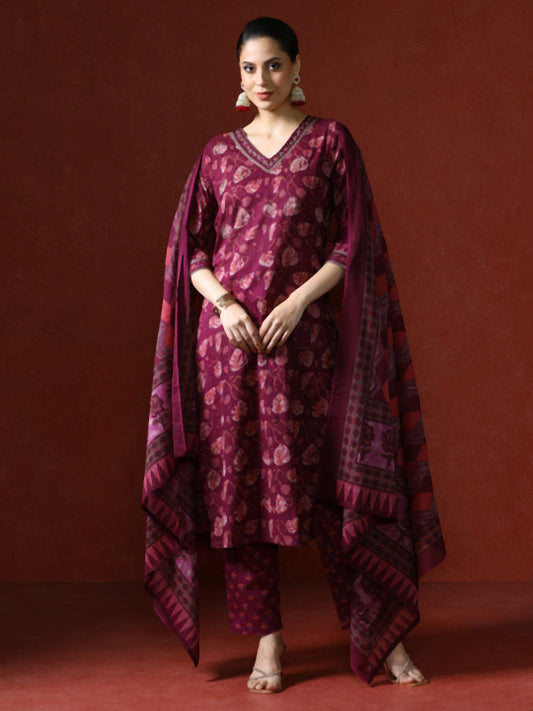 Jaipur Kurti Ethnic Printed Cotton Red Kurta Set With Dupatta