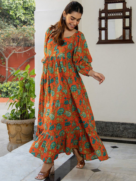 Floral Printed Pure Cotton Gathered Ethnic Dress