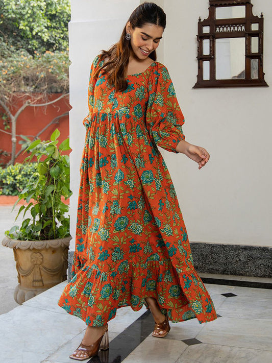 Floral Printed Pure Cotton Gathered Ethnic Dress