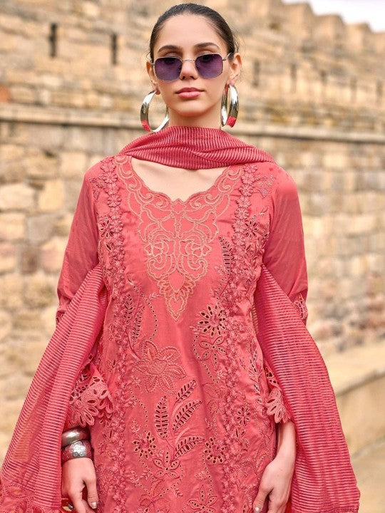 AUTUMN LANE Floral Embroidered Pure Cotton Straight Kurta With Trousers And Dupatta