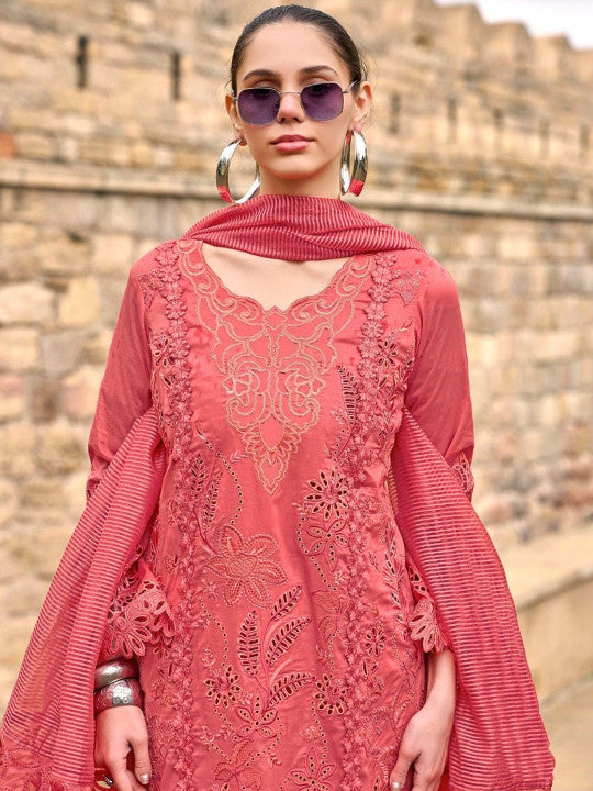 AUTUMN LANE Floral Embroidered Pure Cotton Straight Kurta With Trousers And Dupatta