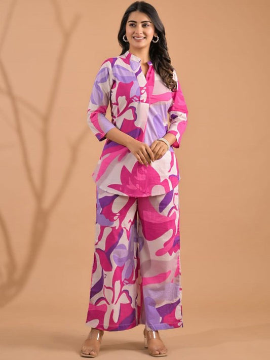 Printed Mandarin Collar Tunic With Palazzos Co-Ords