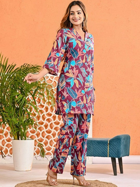 Floral Printed Pure Cotton V-Neck Tunic With Trouser