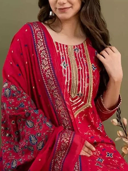 DIVASTRI Women Ethnic Print Embroidered Regular Pure Cotton Kurta With Trousers & Dupatta