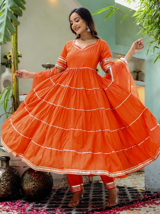 Angkor Women Tiered Gotta Patti Pure Cotton Kurta with Trousers & With Dupatta