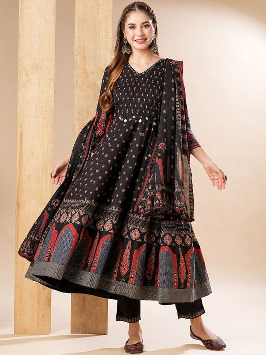 FASHOR Floral Printed Mirror Work Pure Cotton Anarkali Kurta With Trousers & Dupatta