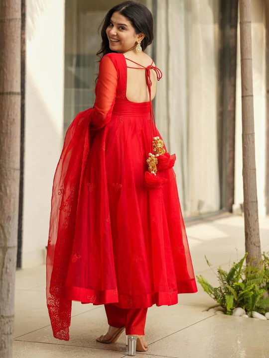 Idaho Clothing Floral Embroidered Anarkali organza Kurta With Trousers & Dupatta
