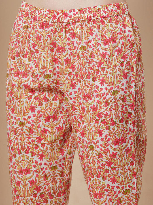 FASHOR Women Floral Printed Thread Work Pure Cotton Kurta Trousers With Dupatta