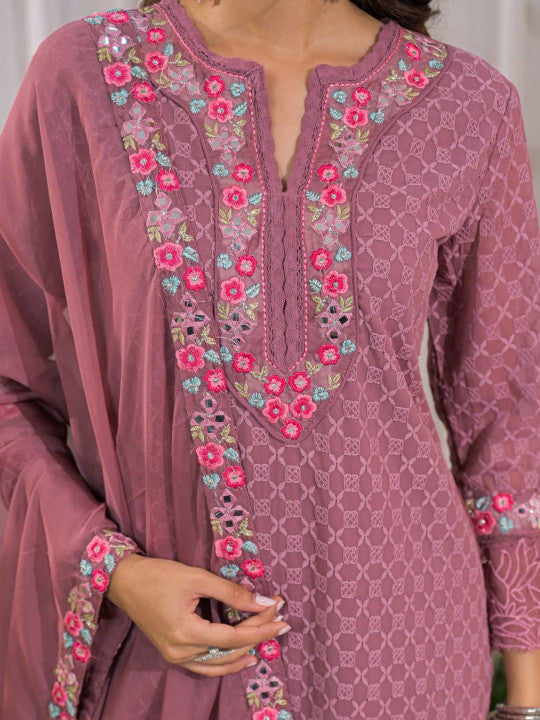 AUTUMN LANE Women Floral Embroidered Thread Work Pure Cotton Kurta with Trouser & Dupatta