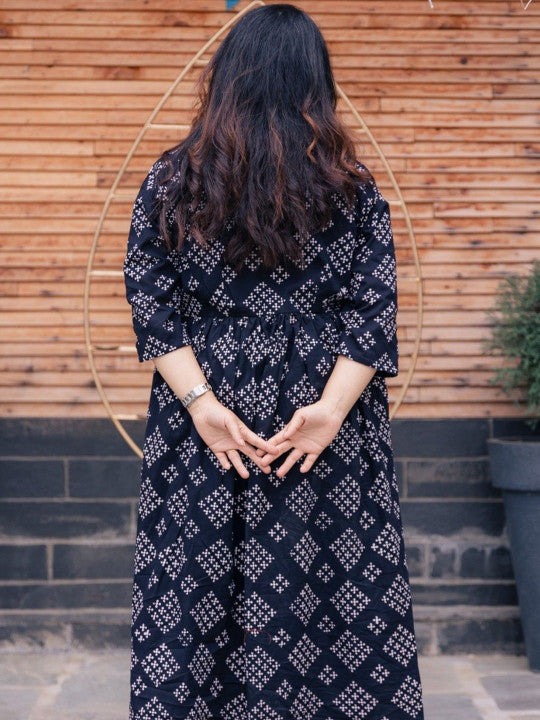 inkara Geometric Printed Cotton Anarkali Ethnic Dress