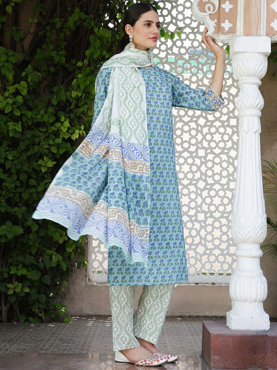 Taavi Floral Printed Pure Cotton Hand Block Print Kurta With Trousers & Dupatta