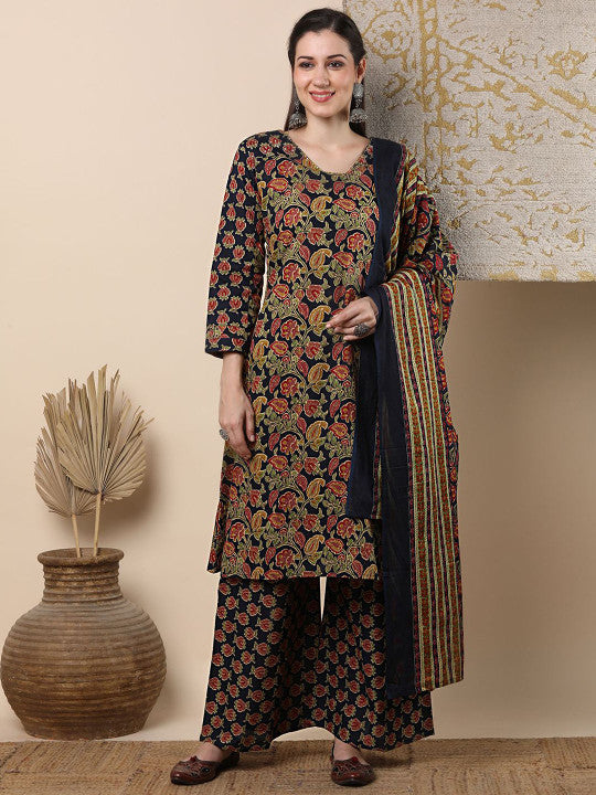 FASHOR Women Floral Printed Regular Pure Cotton Kurta & Palazzos & Dupatta