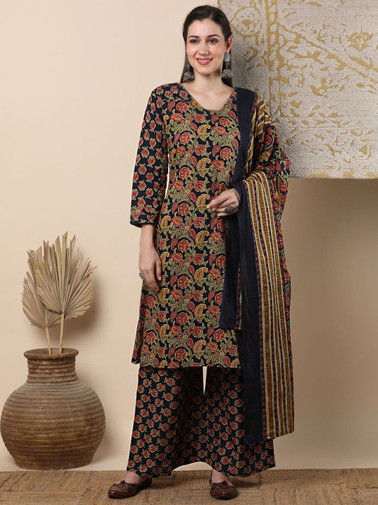 FASHOR Women Floral Printed Regular Pure Cotton Kurta & Palazzos & Dupatta