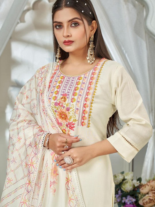all about you Women Embroidered Regular Thread Work Straight Kurta with Salwar & Dupatta