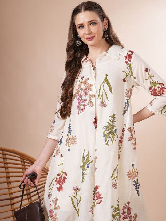 FASHOR Printed Shirt Collar Cotton Tunic With Trouser Co-Ords
