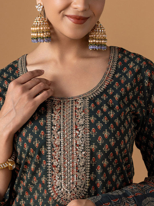 WOMEN PLUS Women Ethnic Motifs Printed Cotton Kurta with Trousers & Dupatta