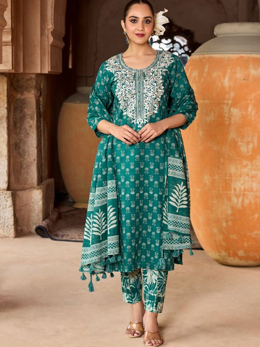 WOMEN PLUS Ethnic Motifs Printed Thread Work Pure Cotton Kurta with Trousers & Dupatta