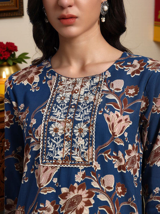 Floral Printed Round Mirror Work Straight Kurta With Trousers & Dupatta