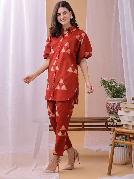 Printed Pure Cotton Shirt With Trousers Co-Ords