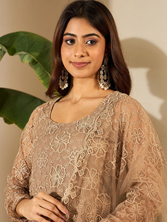 Inddus Women Floral Embroidered Round Neck Thread Work Kurta with Trousers & With Dupatta