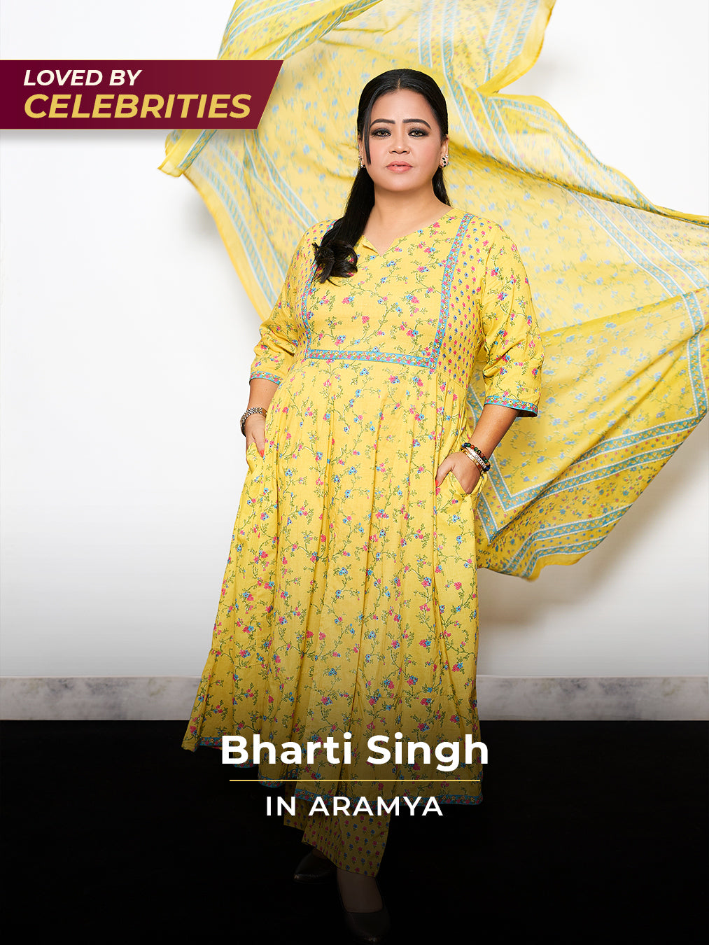 Embroidered Soft Cotton Floral Anarkali Yellow Kurta