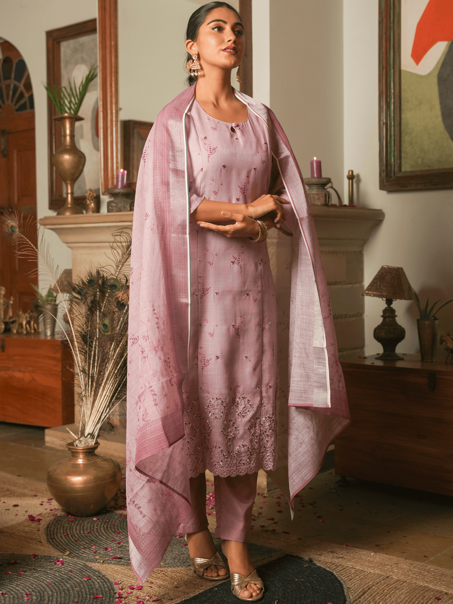 Linen Blend Floral Pink Dupatta