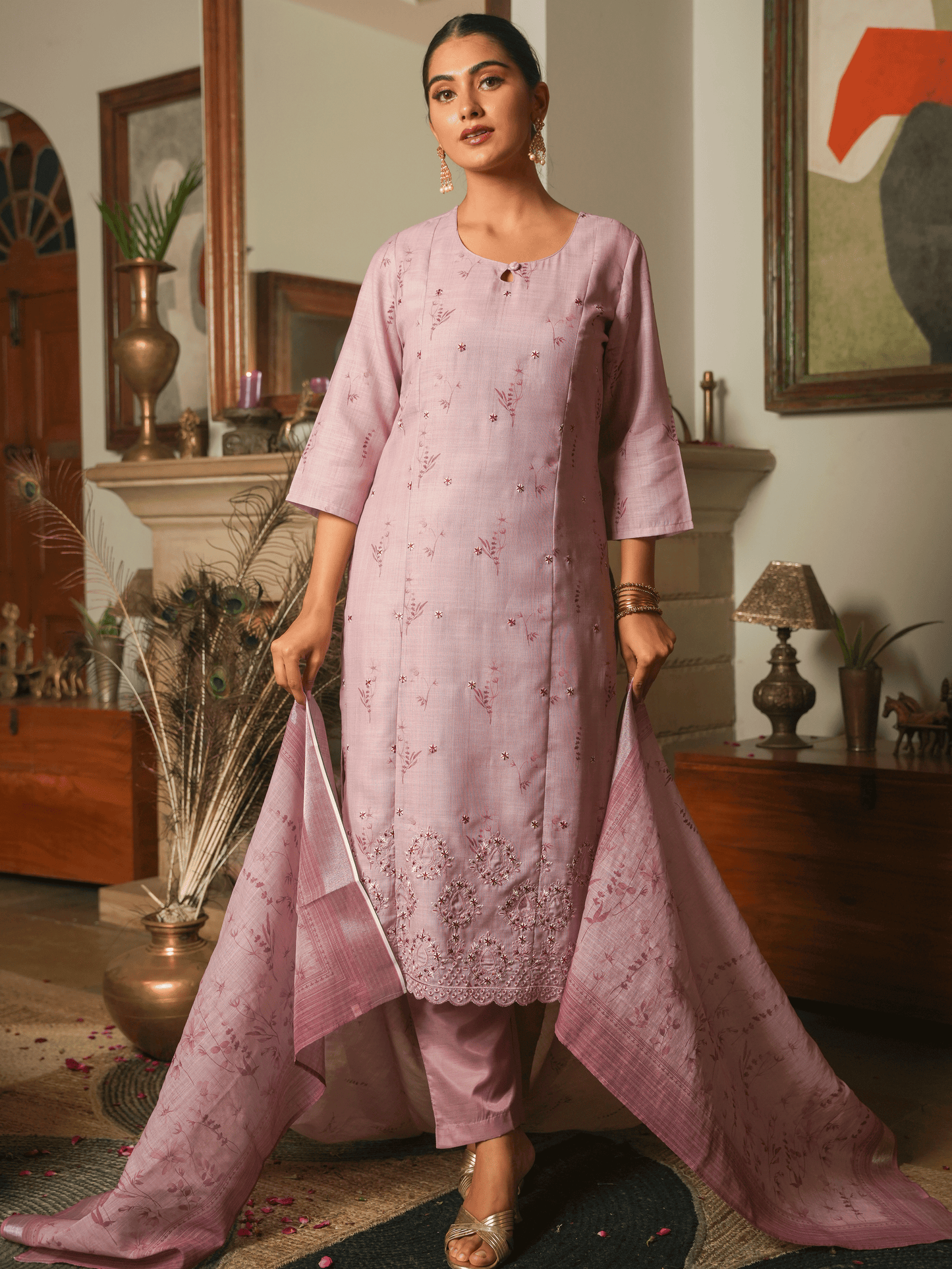 Linen Blend Floral Pink Dupatta