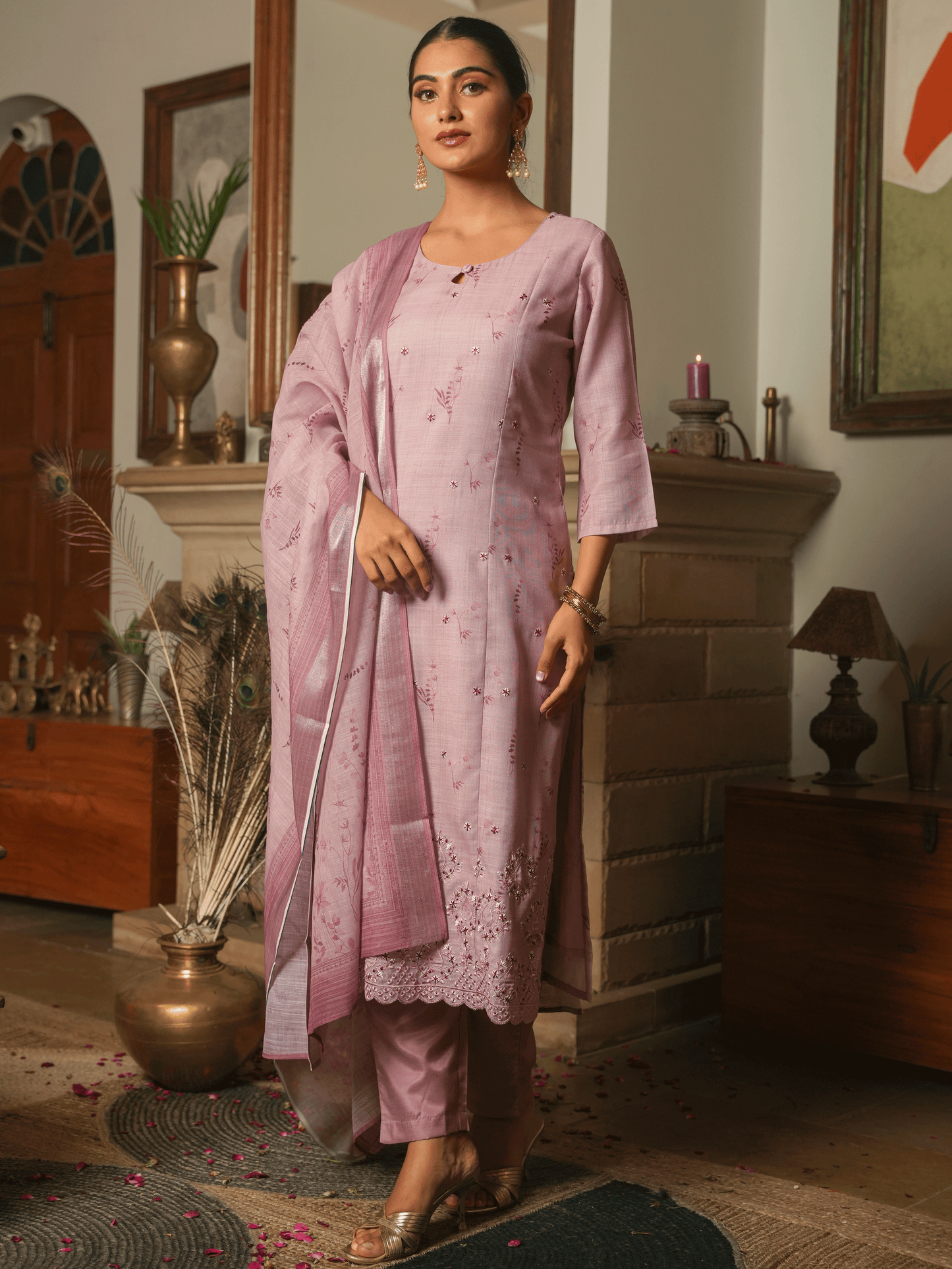 Linen Blend Floral Pink Dupatta