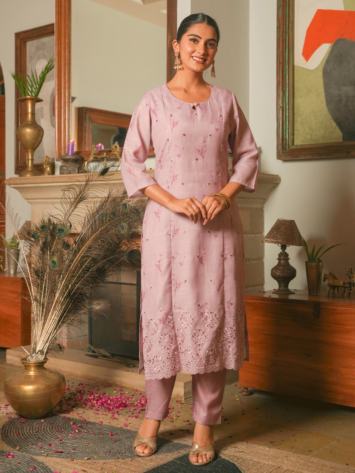 Linen Blend Floral Panelled Pink