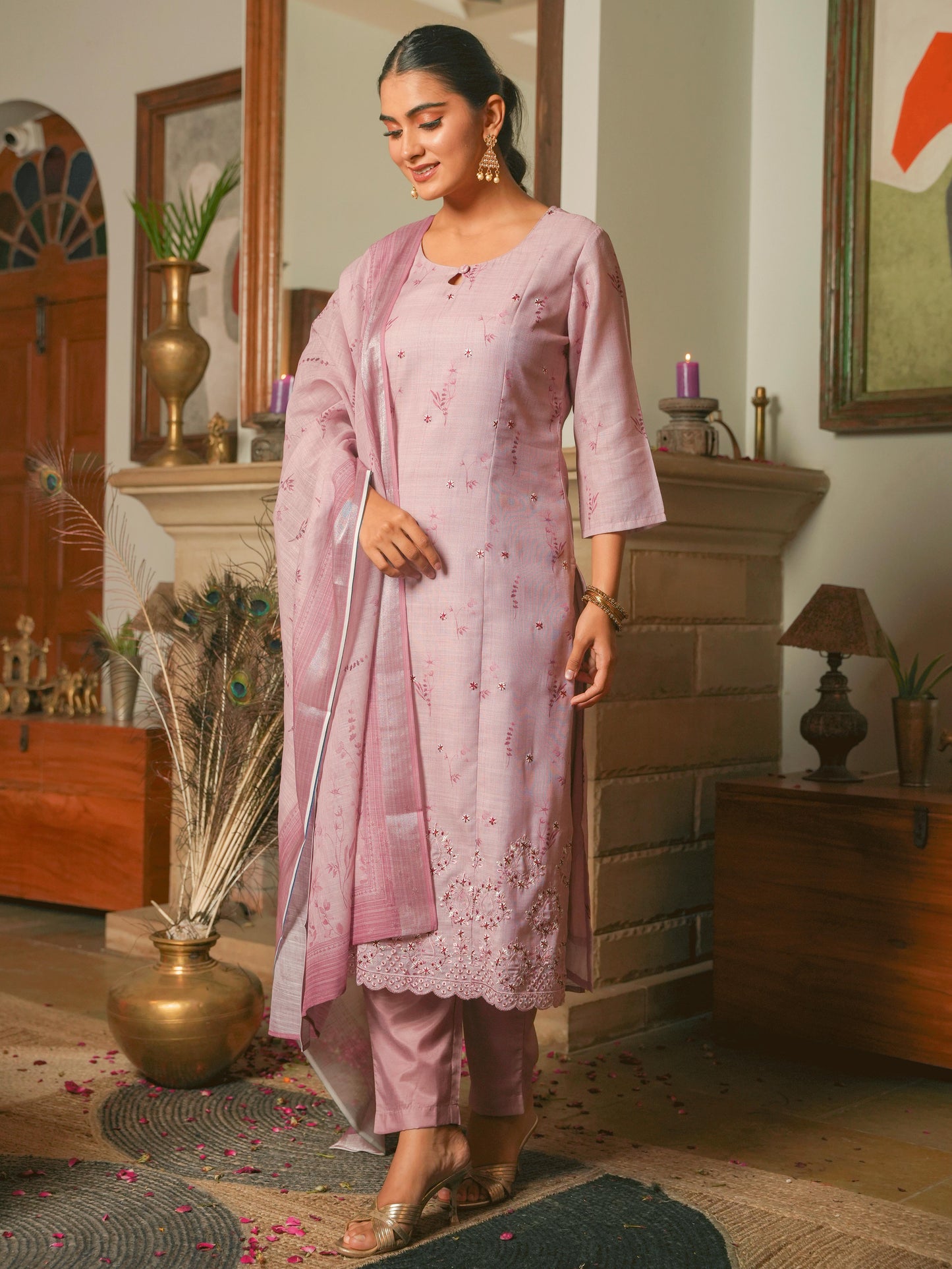 Linen Blend Floral Panelled Pink