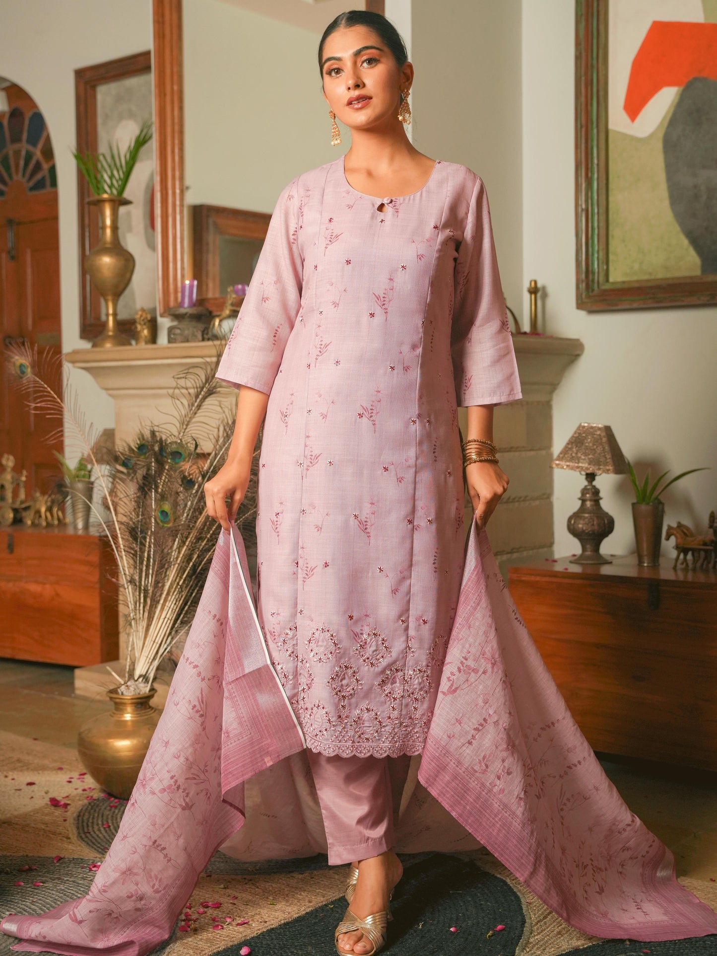 Linen Blend Floral Panelled Pink