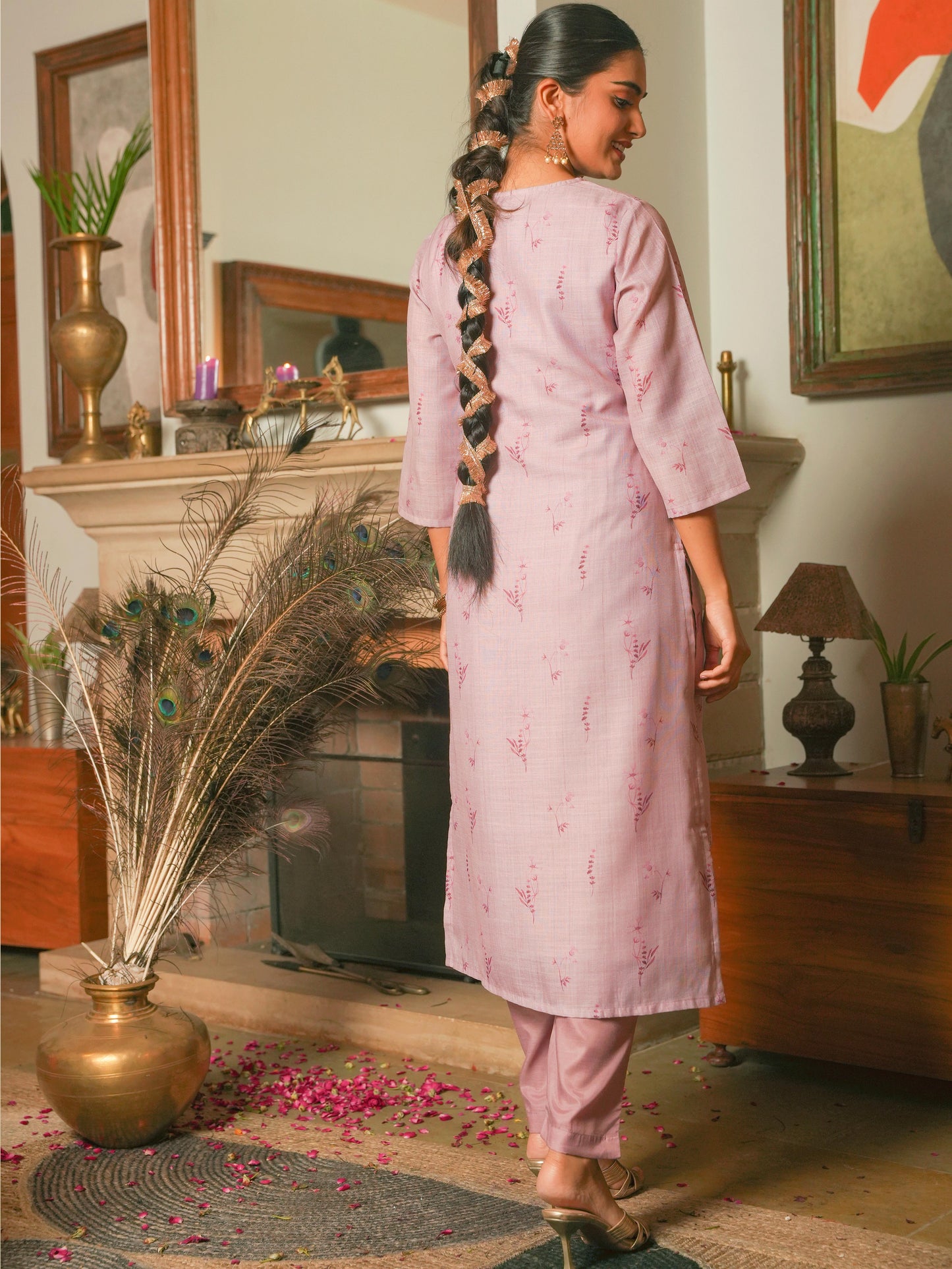 Linen Blend Floral Panelled Pink