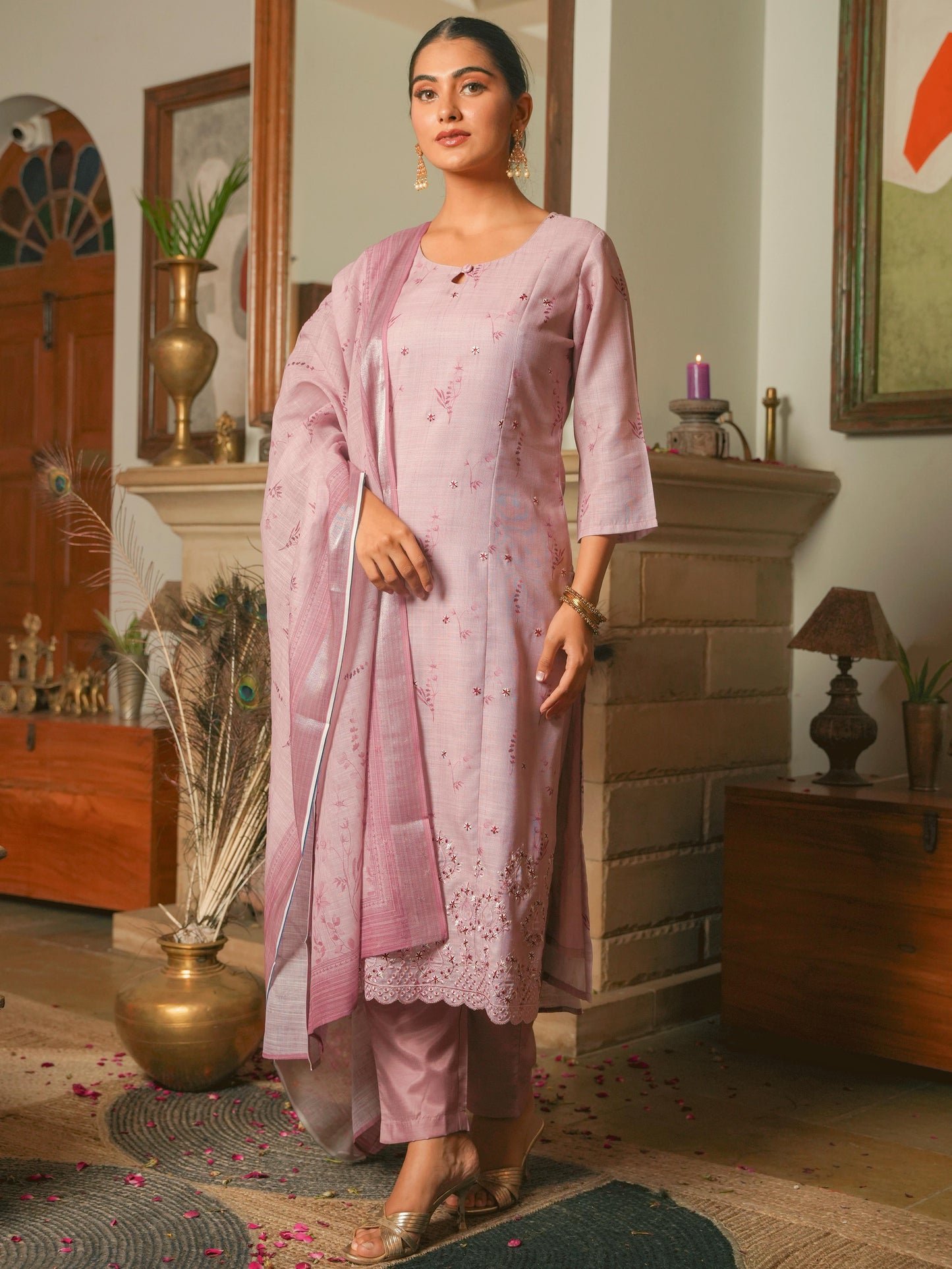 Linen Blend Floral Panelled Pink
