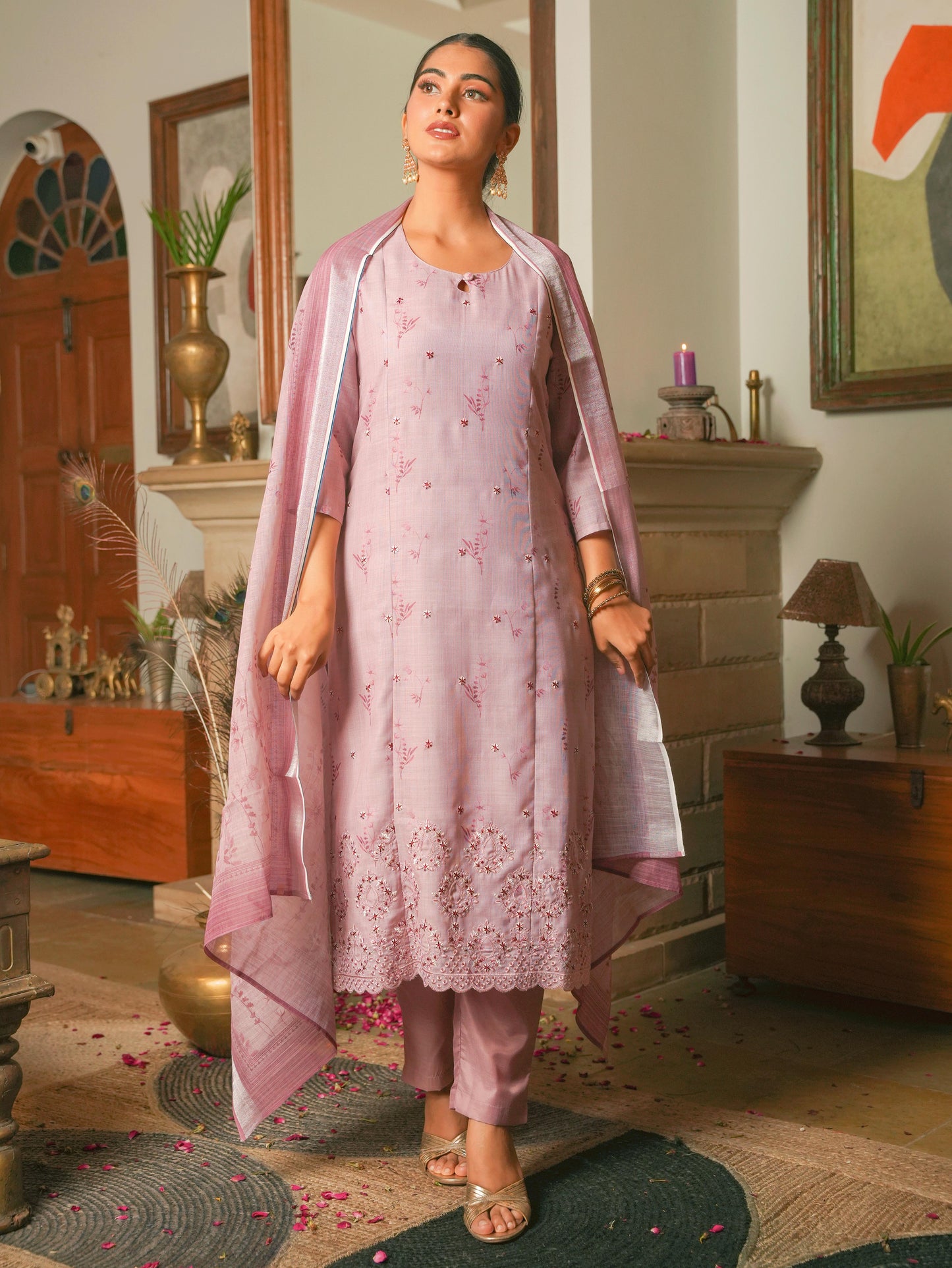 Linen Blend Floral Panelled Pink