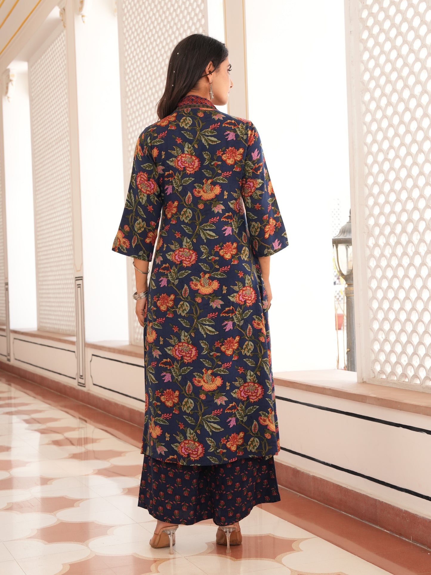 Viscose Floral Blue A-line Kurta