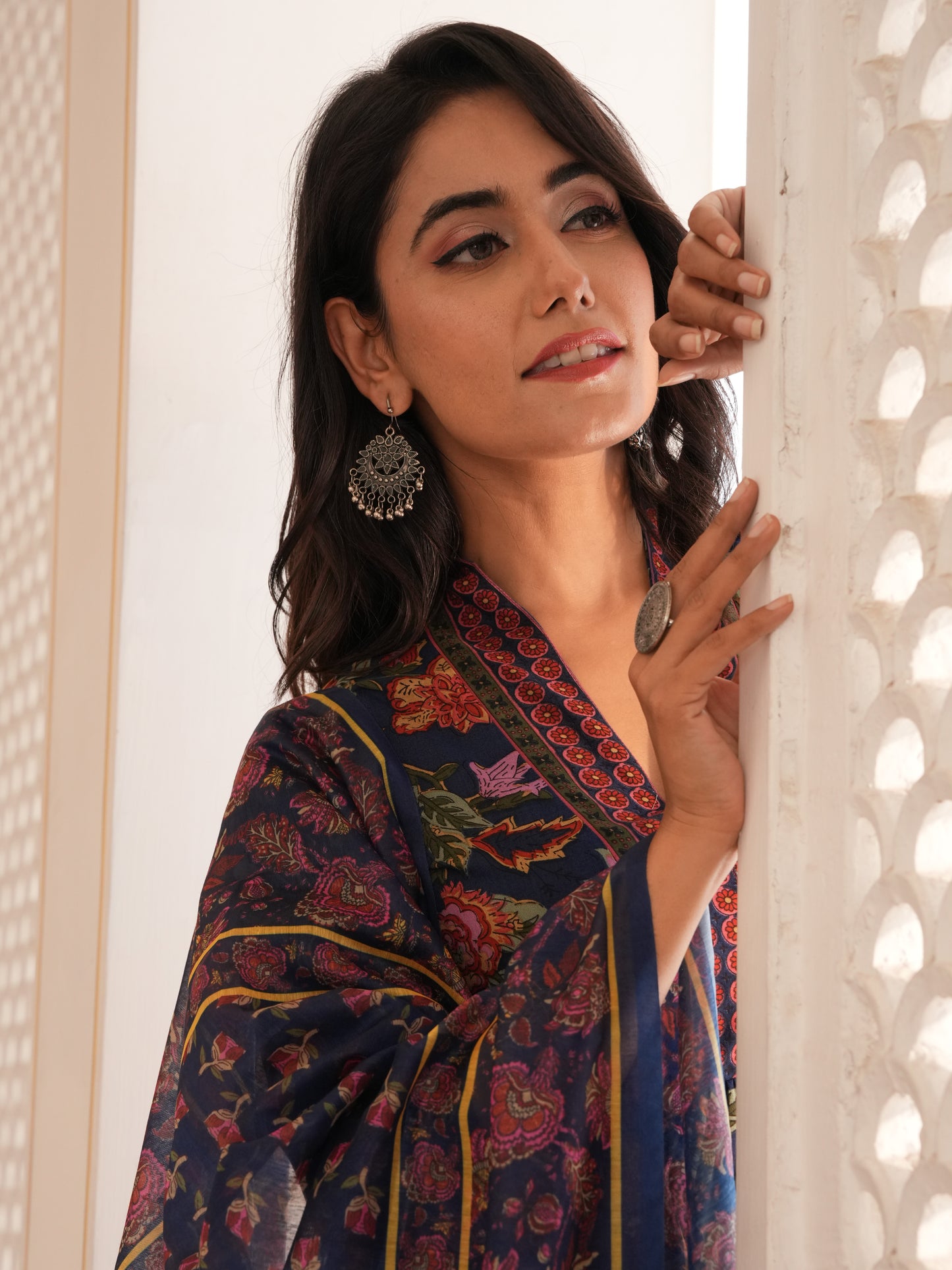 Viscose Floral Blue A-line Kurta