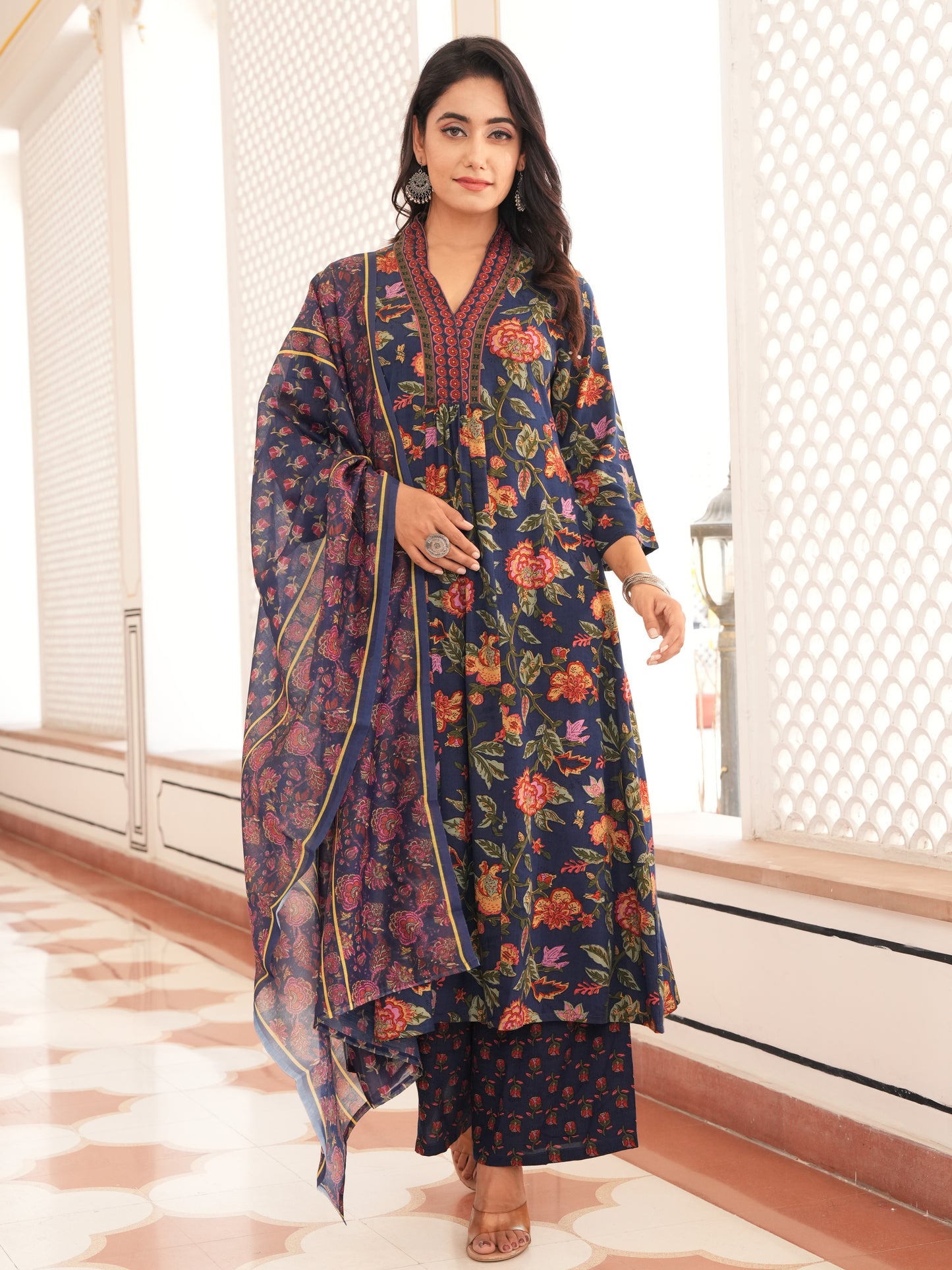 Viscose Floral Blue A-line Kurta