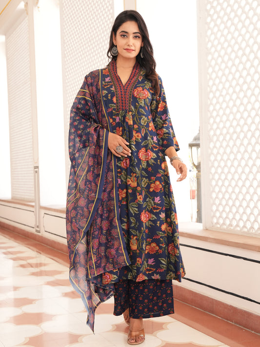 Viscose Floral Blue A-line Kurta