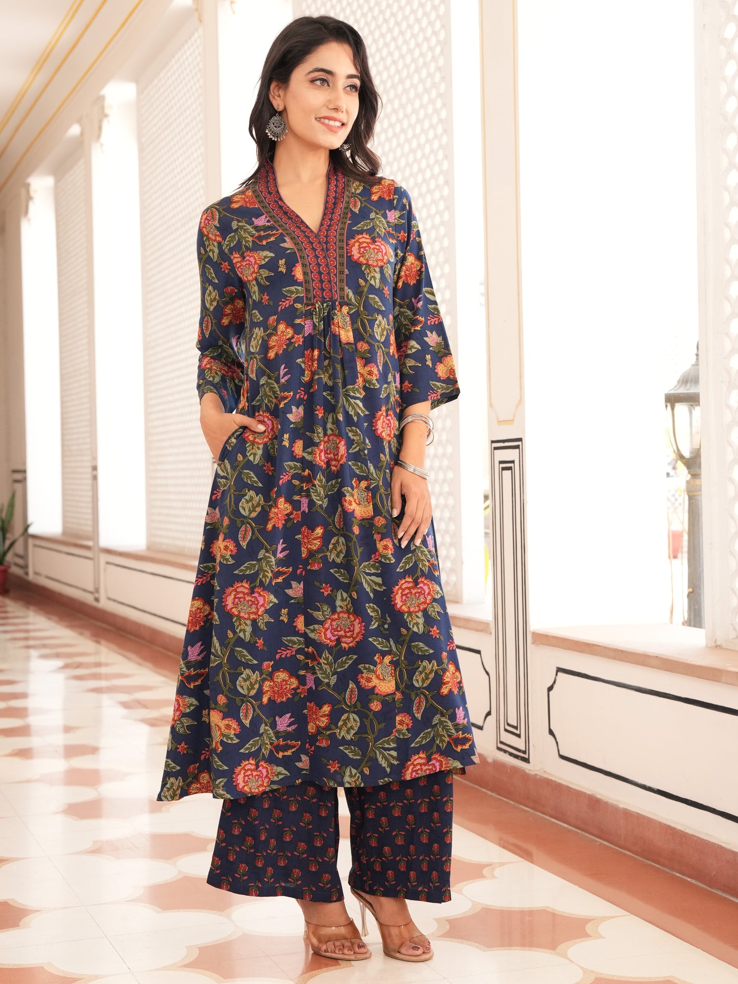 Viscose Floral Blue A-line Kurta